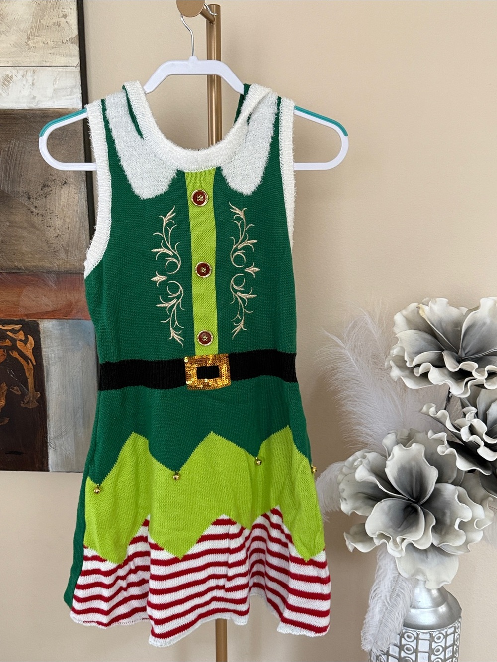No Boundaries Green & Lime Festive Elf Dress with Red-White Striped Hem
